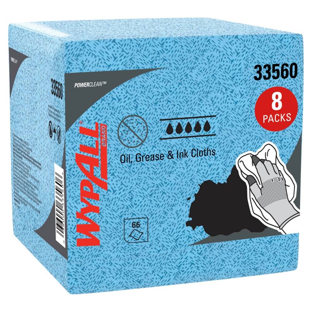 Essuie-tout pour l’huile, la graisse et l’encre WypAll® (33560), pliés en quatre, chiffons non pelucheux, bleus (66 feuilles/paquet, 8 paquets/caisse, 528 feuilles/caisse);Chiffons pour la graisse, l’huile et l’encre WypAll® Power Clean (33560), jetables, non pelucheux, bleus, lingettes pliées en quatre, 8 paquets/caisse, 66 feuilles/paquet, 528 feuilles/caisse - 33560