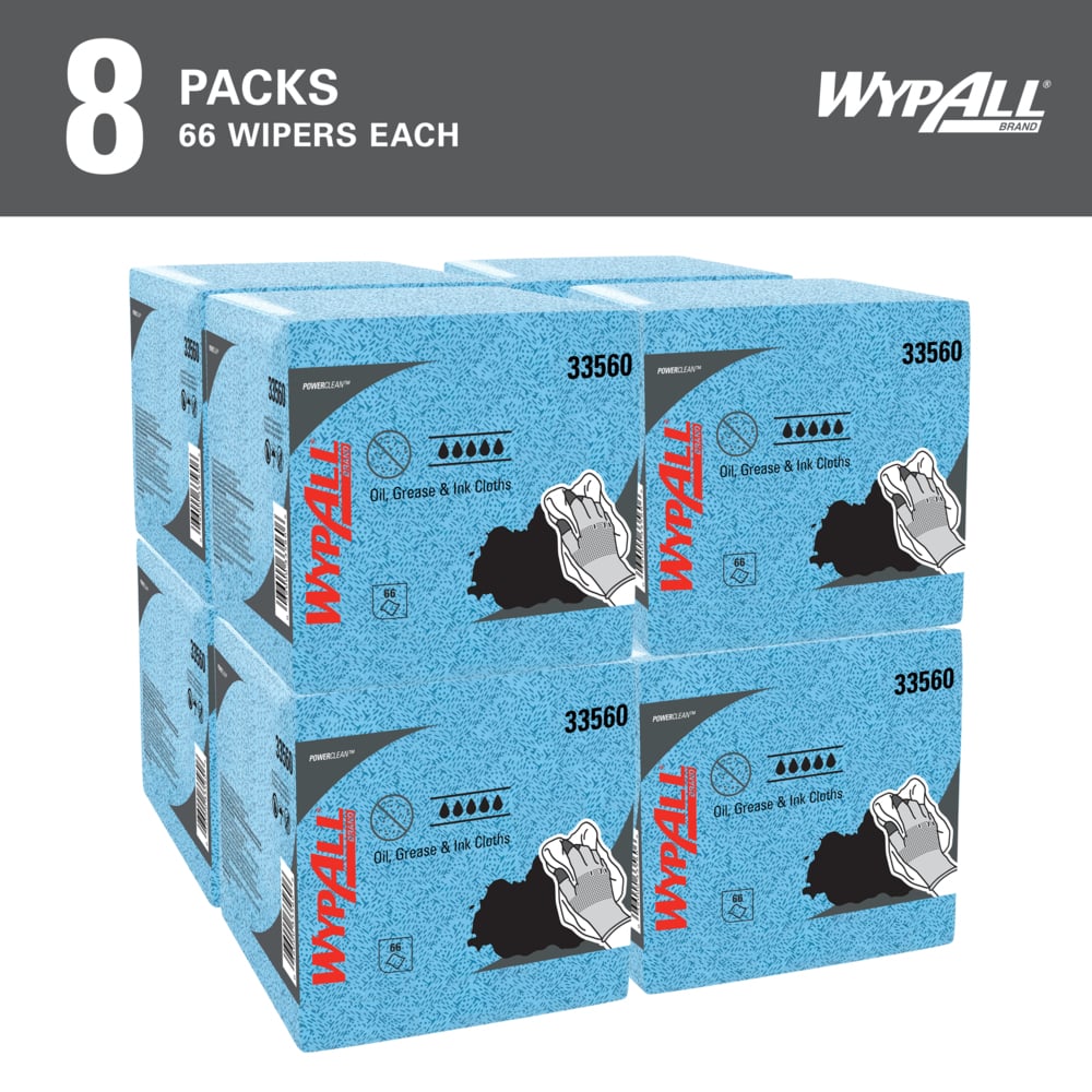 WypAll® Oil, Grease & Ink Cloths (33560), Quarterfold, Lint-Free Towels, Blue (66 Sheets/Pack, 8 Packs/Case, 528 Sheets/Case) - 33560