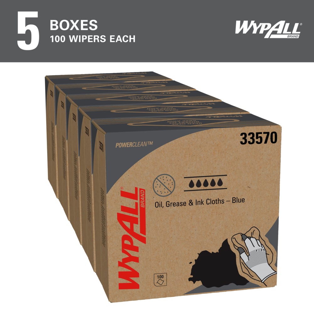 WypAll® Oil, Grease & Ink Cloths (33570), Pop-Up Box, Lint-Free Towels, Blue (100 Sheets/Pack, 5 Packs/Case, 500 Sheets/Case) - 33570