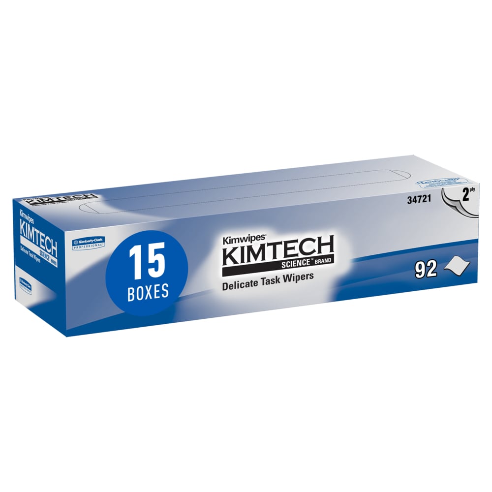 Kimtech Science™ Kimwipes® Delicate Task Wipes (34721), Pop-Up Box, 2-Ply, White (92 Sheets/Box, 15 Boxes/Case, 1,380 Sheets/Case) - 34721