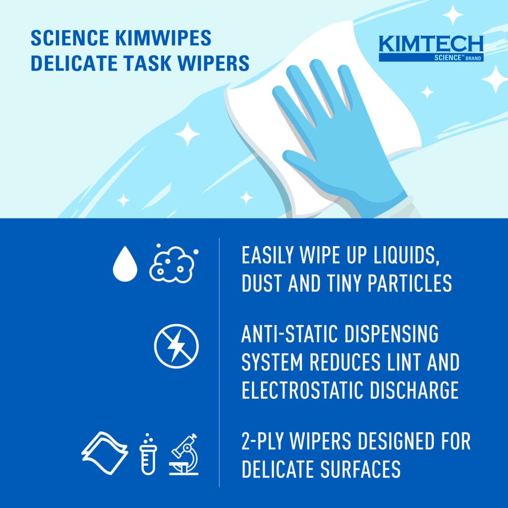Kimtech Science™ Kimwipes® Delicate Task Wipes (34721), Pop-Up Box, 2-Ply, White (92 Sheets/Box, 15 Boxes/Case, 1,380 Sheets/Case) - 34721
