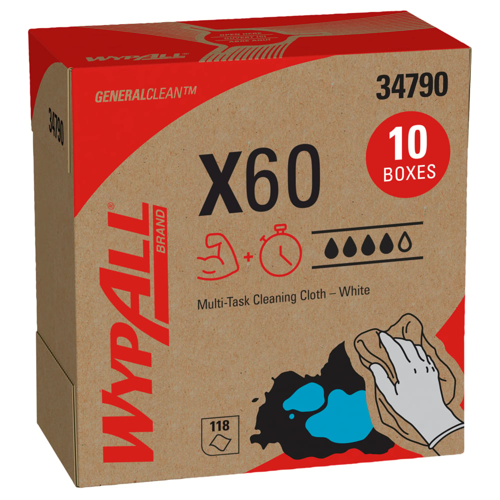 WypAll® GeneralClean™ X60 Multi-Task Cleaning Cloths (34790), Pop-Up Box, Strong and Absorbent Towels, White (118 Sheets/Box, 10 Boxes/Case, 1,180 Sheets/Case) - 34790