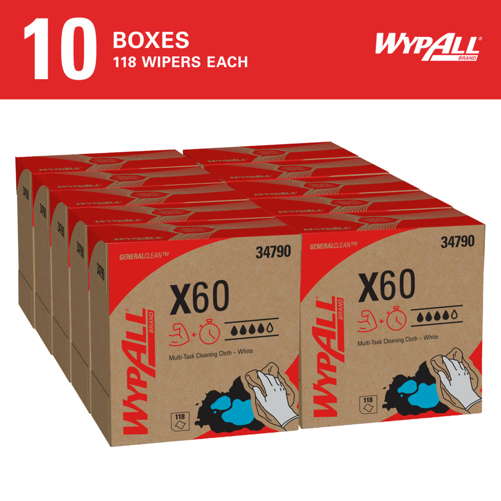 WypAll® GeneralClean™ X60 Multi-Task Cleaning Cloths (34790), Pop-Up Box, Strong and Absorbent Towels, White (118 Sheets/Box, 10 Boxes/Case, 1,180 Sheets/Case) - 34790