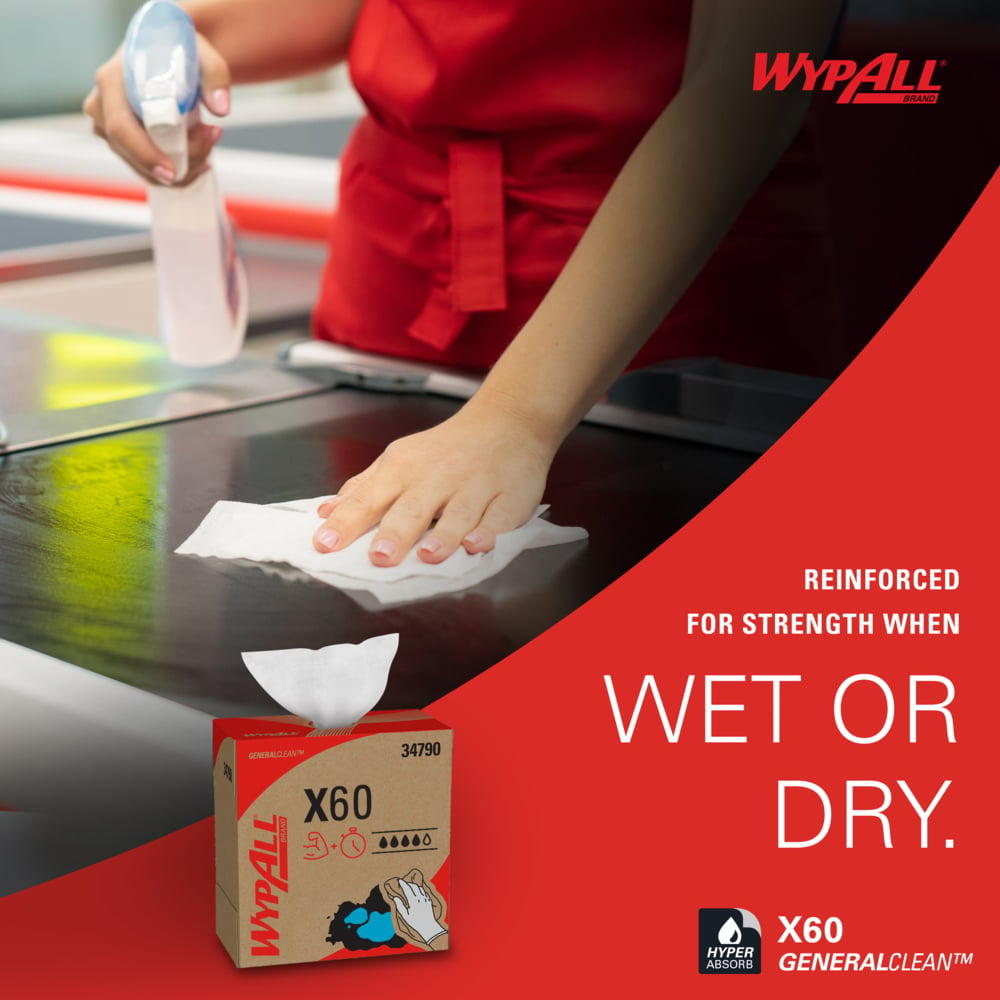 WypAll® GeneralClean™ X60 Multi-Task Cleaning Cloths (34790), Pop-Up Box, Strong and Absorbent Towels, White (118 Sheets/Box, 10 Boxes/Case, 1,180 Sheets/Case) - 34790