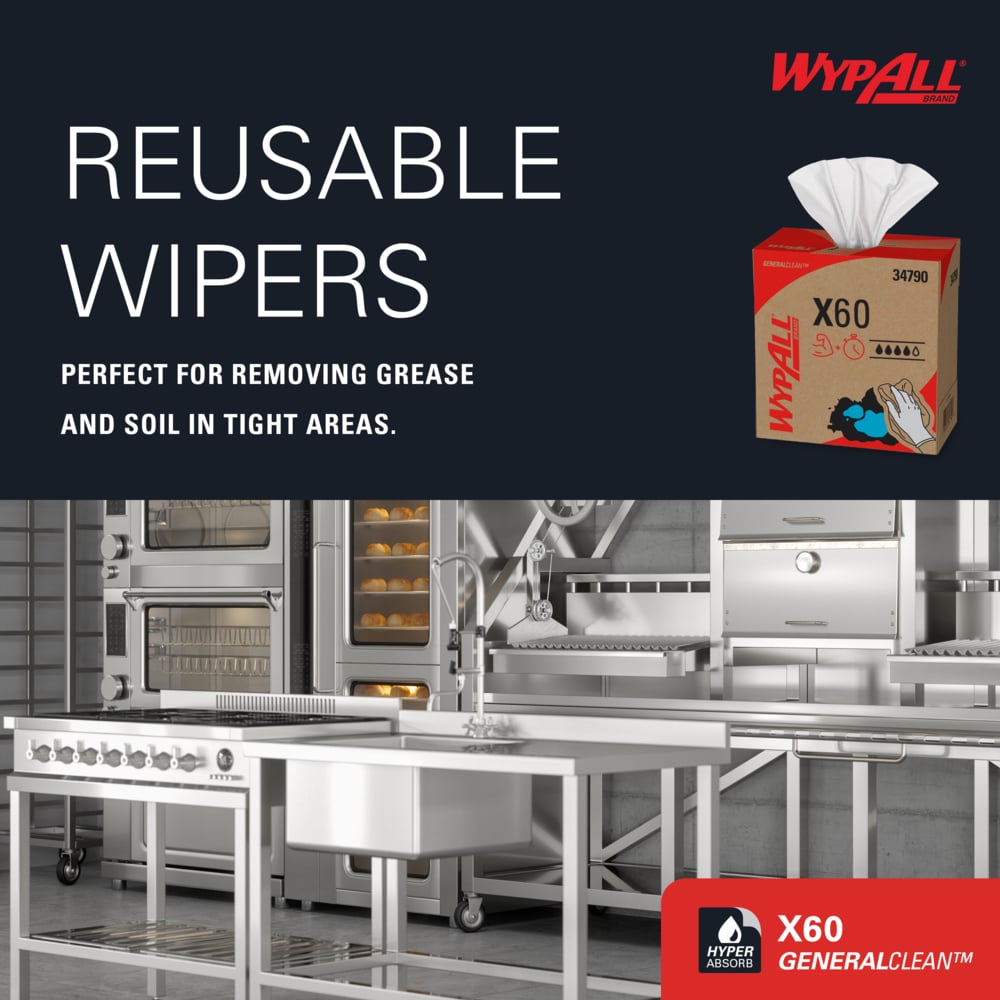 WypAll® GeneralClean™ X60 Multi-Task Cleaning Cloths (34790), Pop-Up Box, Strong and Absorbent Towels, White (118 Sheets/Box, 10 Boxes/Case, 1,180 Sheets/Case) - 34790