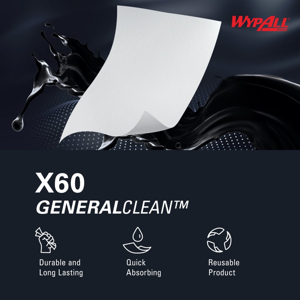 WypAll® GeneralClean™ X60 Multi-Task Cleaning Cloths (34790), Pop-Up Box, Strong and Absorbent Towels, White (118 Sheets/Box, 10 Boxes/Case, 1,180 Sheets/Case) - 34790