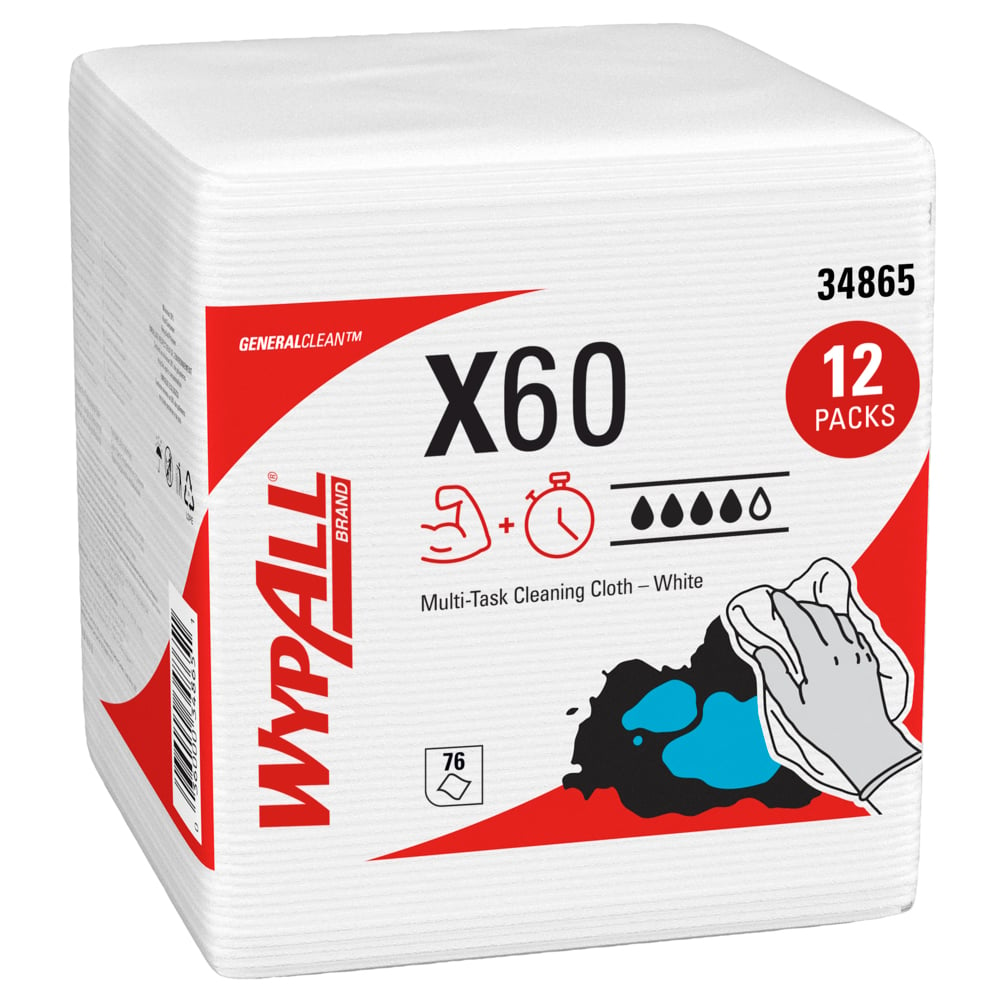 Chiffons de nettoyage multitâches WypAll® X60 General Clean (34865), débarbouillettes pliées en quatre, blanches, 76 feuilles/paquet, 12 paquets/caisse, 912 débarbouillettes/caisse