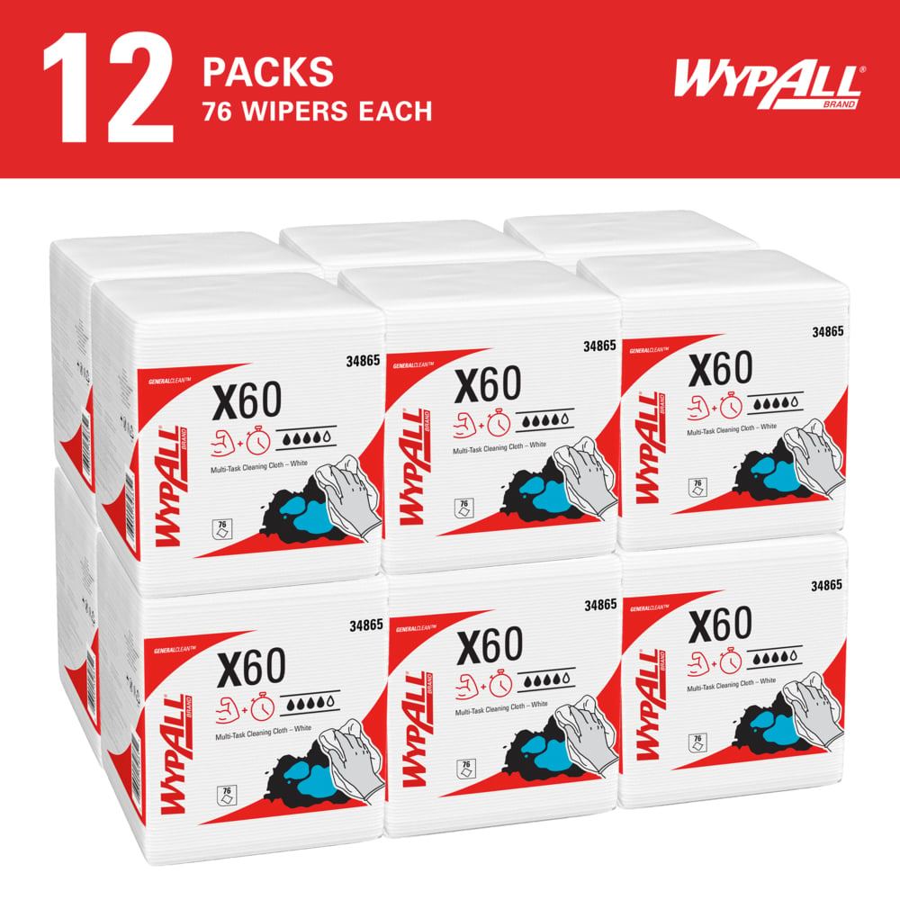 WypAll® GeneralClean™ X60 Multi-Task Cleaning Cloths (34865), Quarterfold, Strong and Absorbent Towels, White (76 Sheets/Pack, 12 Packs/Case, 912 Sheets/Case) - 34865