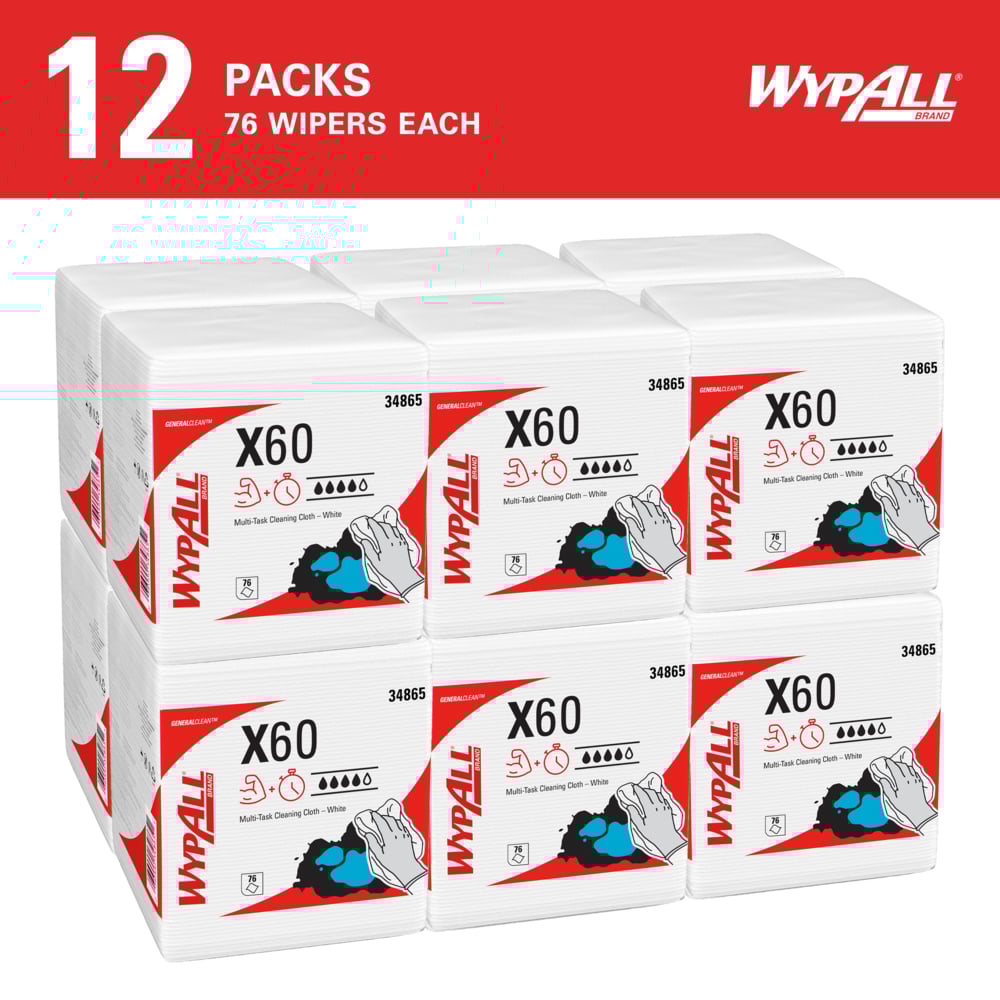 WypAll® GeneralClean™ X60 Multi-Task Cleaning Cloths (34865), Quarterfold, Strong and Absorbent Towels, White (76 Sheets/Pack, 12 Packs/Case, 912 Sheets/Case) - 34865