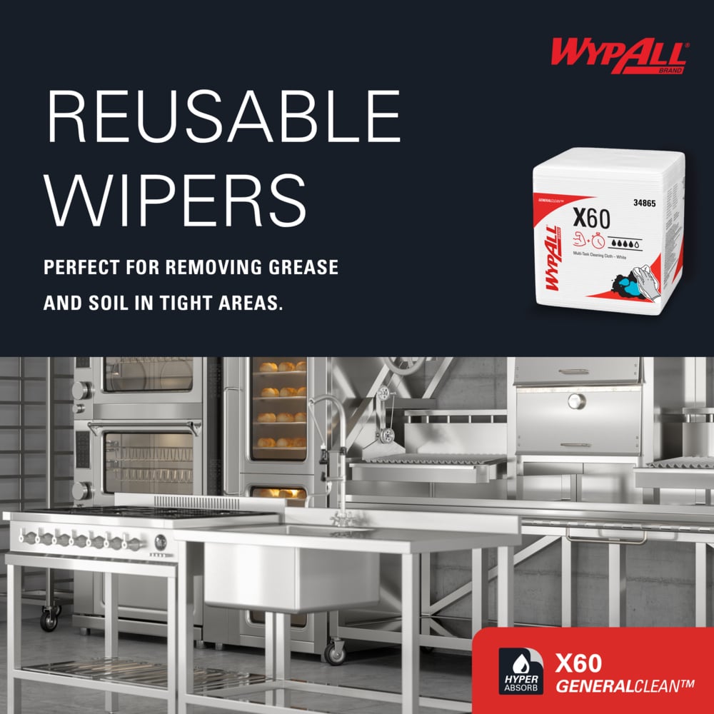 WypAll® GeneralClean™ X60 Multi-Task Cleaning Cloths (34865), Quarterfold, Strong and Absorbent Towels, White (76 Sheets/Pack, 12 Packs/Case, 912 Sheets/Case) - 34865