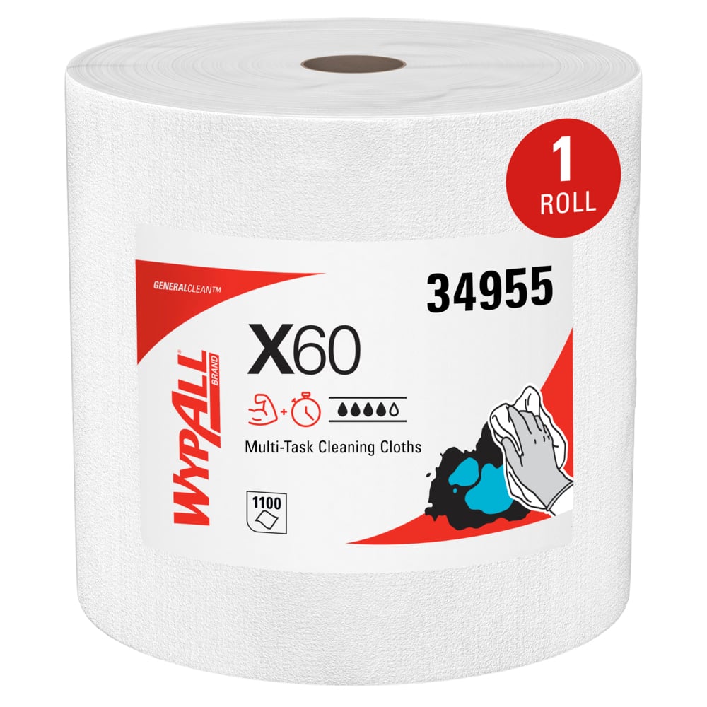 WypAll® GeneralClean™ X60 Multi-Task Cleaning Cloths (34955), Jumbo Roll, Strong and Absorbent Towels, White (1,100 Sheets/Roll, 1 Roll/Case, 1,100 Sheets/Case)