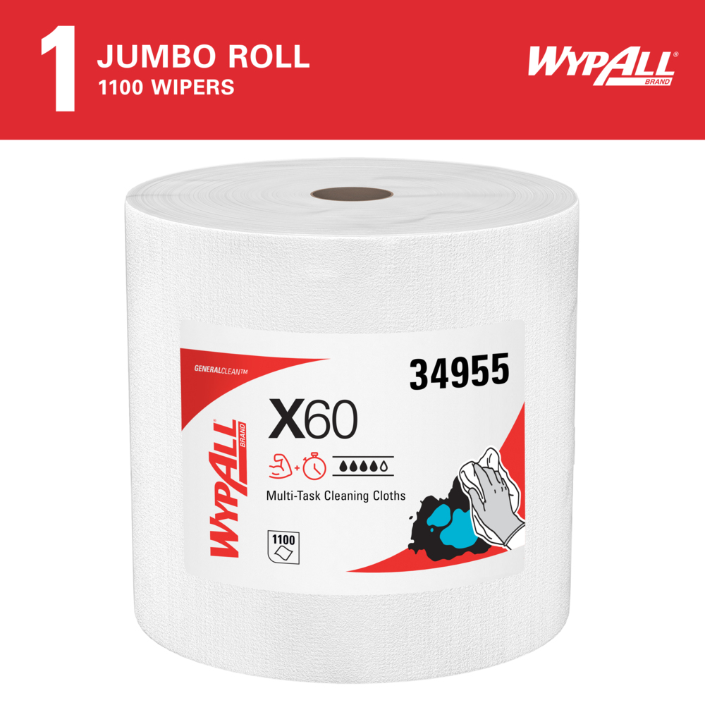 WypAll® GeneralClean™ X60 Multi-Task Cleaning Cloths (34955), Jumbo Roll, Strong and Absorbent Towels, White (1,100 Sheets/Roll, 1 Roll/Case, 1,100 Sheets/Case) - 34955