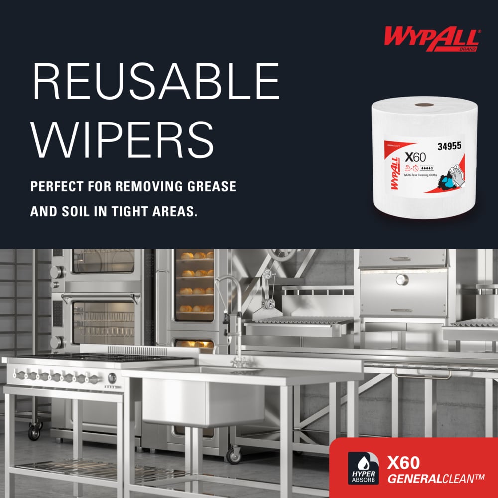 WypAll® GeneralClean™ X60 Multi-Task Cleaning Cloths (34955), Jumbo Roll, Strong and Absorbent Towels, White (1,100 Sheets/Roll, 1 Roll/Case, 1,100 Sheets/Case) - 34955