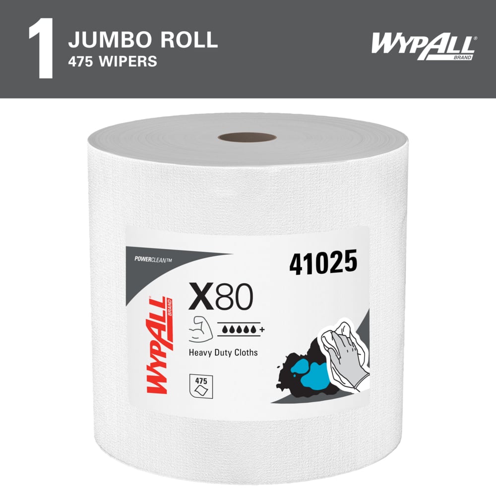 WypAll® PowerClean™ X80 Heavy Duty Cloths (41025), Jumbo Roll, Extended Use Towels, White (475 Sheets/Roll, 1 Roll/Case, 475 Sheets/Case) - 41025