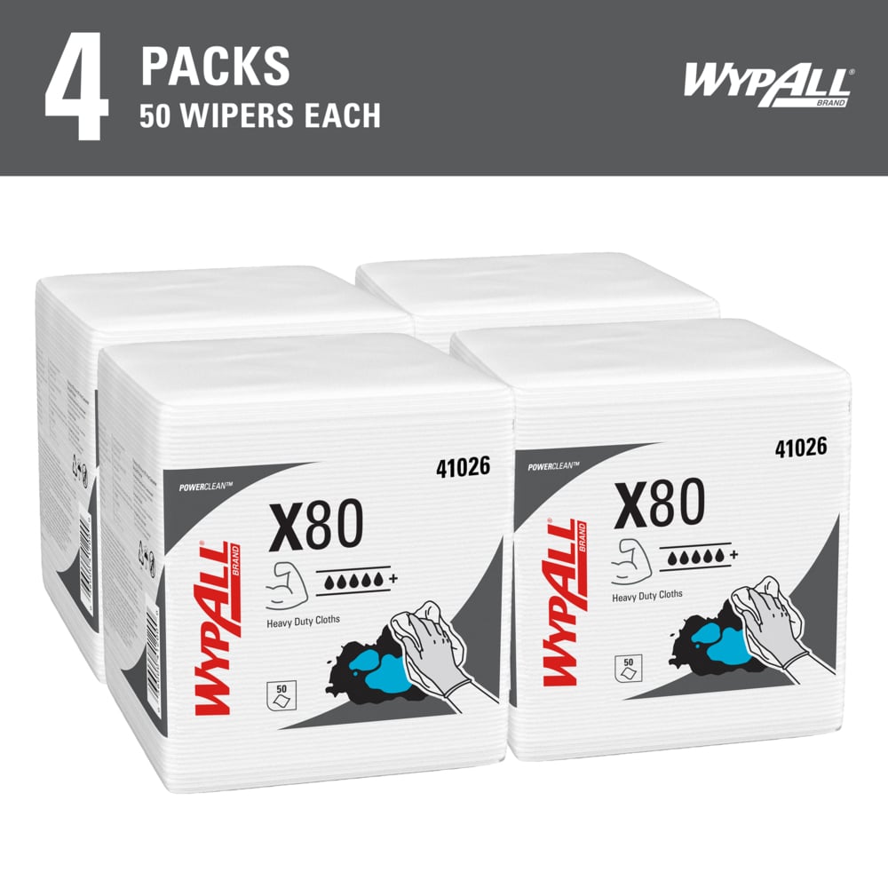 WypAll® PowerClean™ X80 Heavy Duty Cloths (41026), Quarterfold, Extended Use Towels, White (50 Sheets/Pack, 4 Packs/Case, 200 Sheets/Case) - 41026