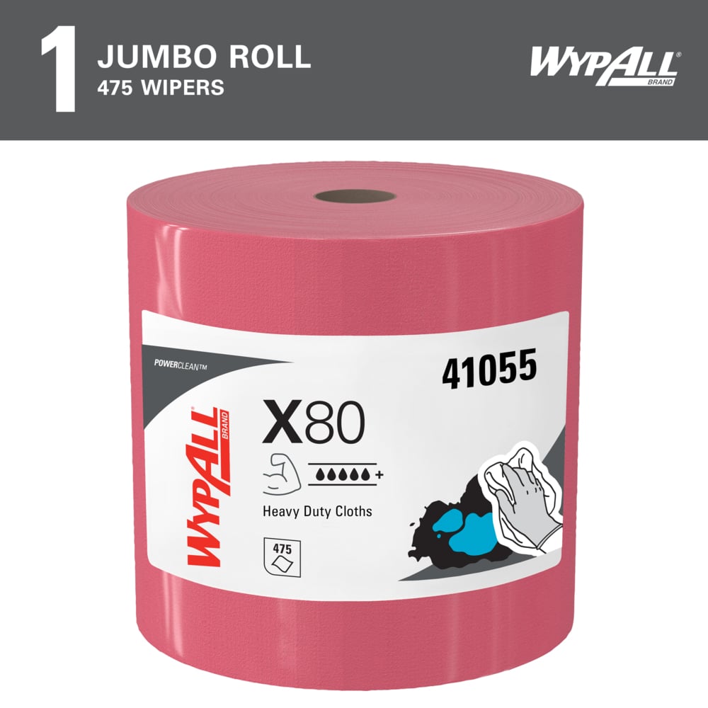 WypAll® PowerClean™ X80 Heavy Duty Cloths (41055), Jumbo Roll, Extended Use Towels, Red (475 Sheets/Roll, 1 Roll/Case, 475 Sheets/Case) - 41055