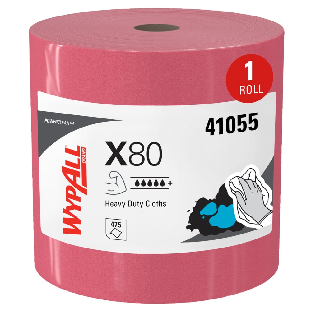 WypAll® PowerClean™ X80 Heavy Duty Cloths (41055), Jumbo Roll, Extended Use Towels, Red (475 Sheets/Roll, 1 Roll/Case, 475 Sheets/Case)