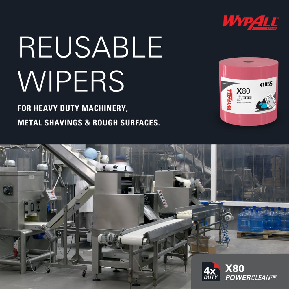 WypAll® PowerClean™ X80 Heavy Duty Cloths (41055), Jumbo Roll, Extended Use Towels, Red (475 Sheets/Roll, 1 Roll/Case, 475 Sheets/Case) - 41055