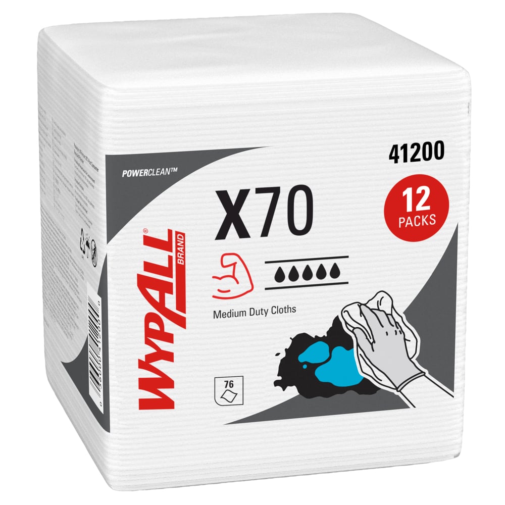 WypAll® PowerClean™ X70 Medium Duty Cloths (41200), Quarterfold, Long Lasting Towels, White (76 Sheets/Pack, 12 Packs/Case, 912 Sheets/Case) - 41200