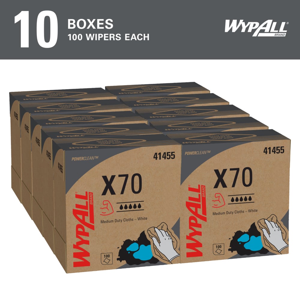 WypAll® PowerClean™ X70 Medium Duty Cloths (41455), Pop-Up Box Cloths, Long Lasting Towels, White (100 Sheets/Box, 10 Boxes/Case, 1,000 Sheets/Case) - 41455