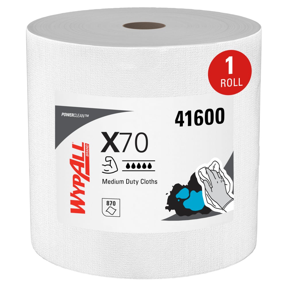 WypAll® PowerClean™ X70 Medium Duty Cloths (41600), Jumbo Roll, Long Lasting Towels, White (870 Sheets/Roll, 1 Roll/Case, 870 Sheets/Case)