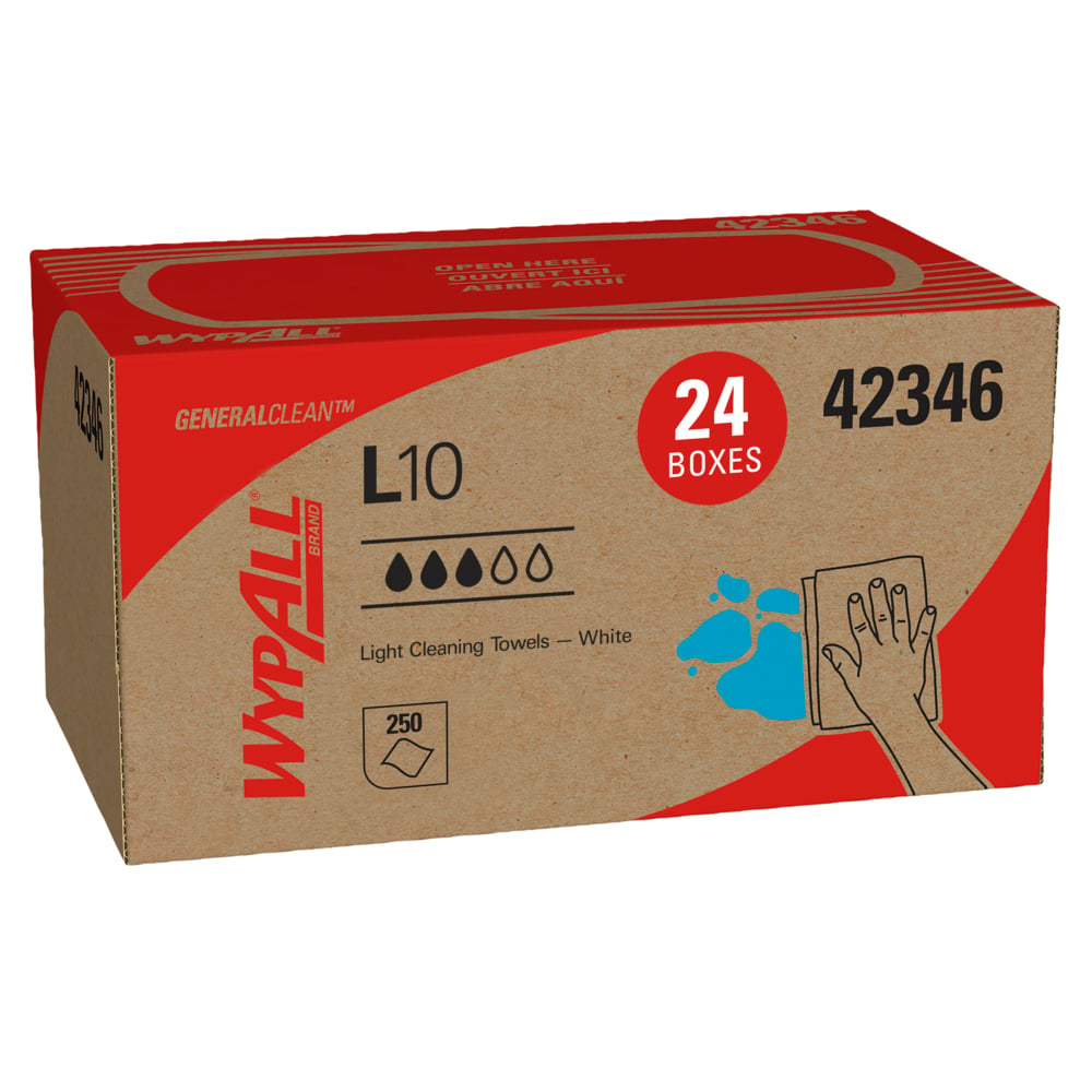 Lingettes de nettoyage léger WypAll® L10 General Clean (42346), à utilisation limitée/légers, 1 épaisseur, boîte Pop-Up, blanches, 24 paquets/caisse, 250 lingettes/boîte - 42346