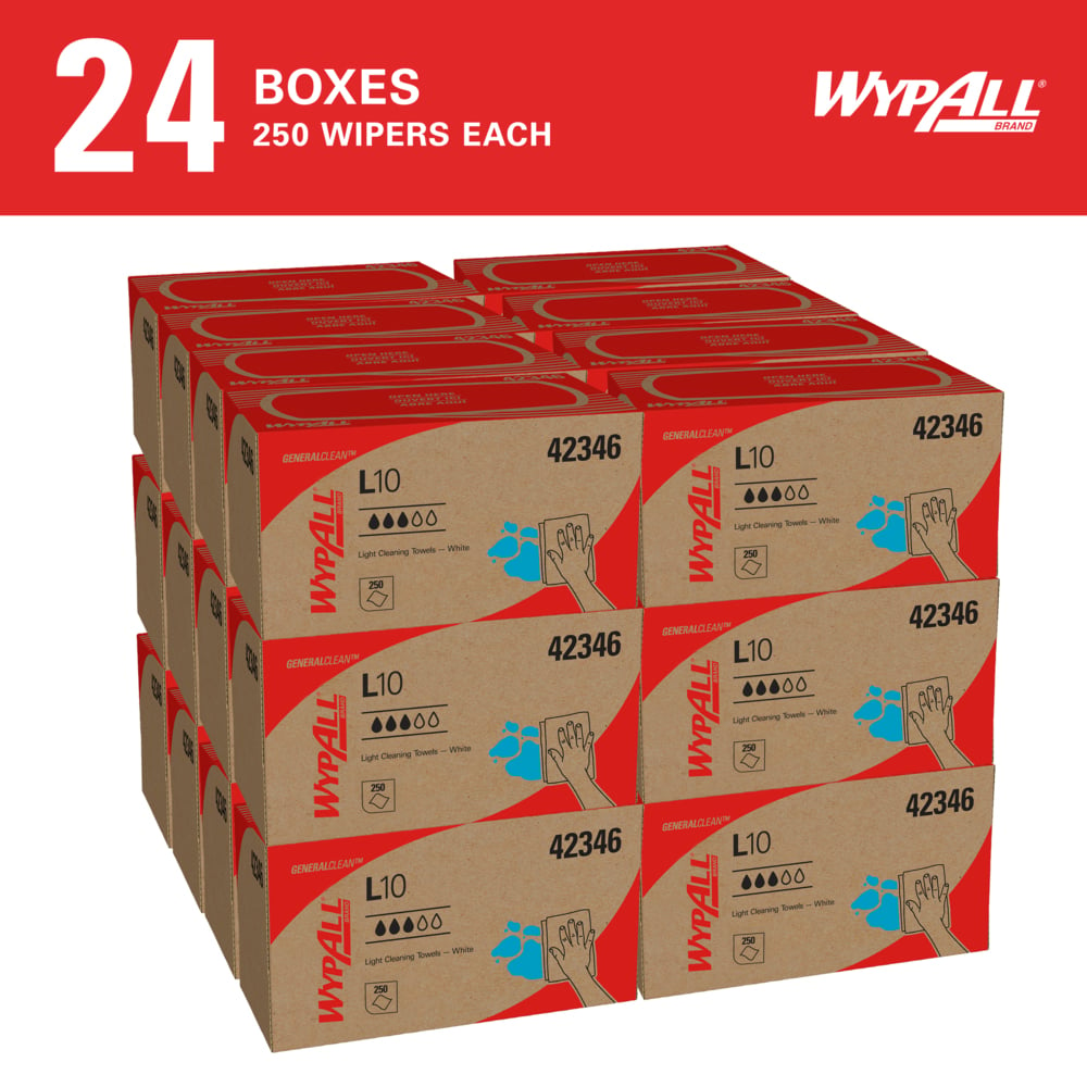 WypAll® GeneralClean™ L10 Light Cleaning Towels (42346), Pop-Up Box, Limited Use Towels, White (250 Sheets/Box, 24 Boxes/Case, 6,000 Sheets/Case) - 42346