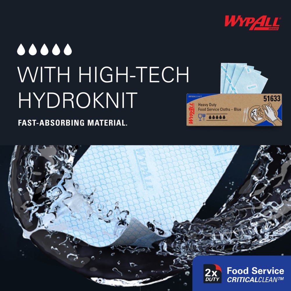 WypAll® CriticalClean™ Heavy Duty Foodservice Cloths (51633), Quarterfold Towels, Blue (100 Sheets/Box, 1 Box/Case, 100 Sheets/Case) - 51633