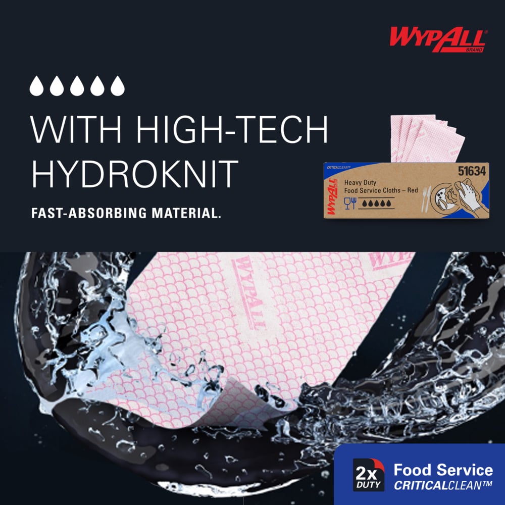 WypAll® CriticalClean™ Heavy Duty Foodservice Cloths (51634), Quarterfold Towels, Red (100 Sheets/Box, 1 Box/Case, 100 Sheets/Case) - 51634
