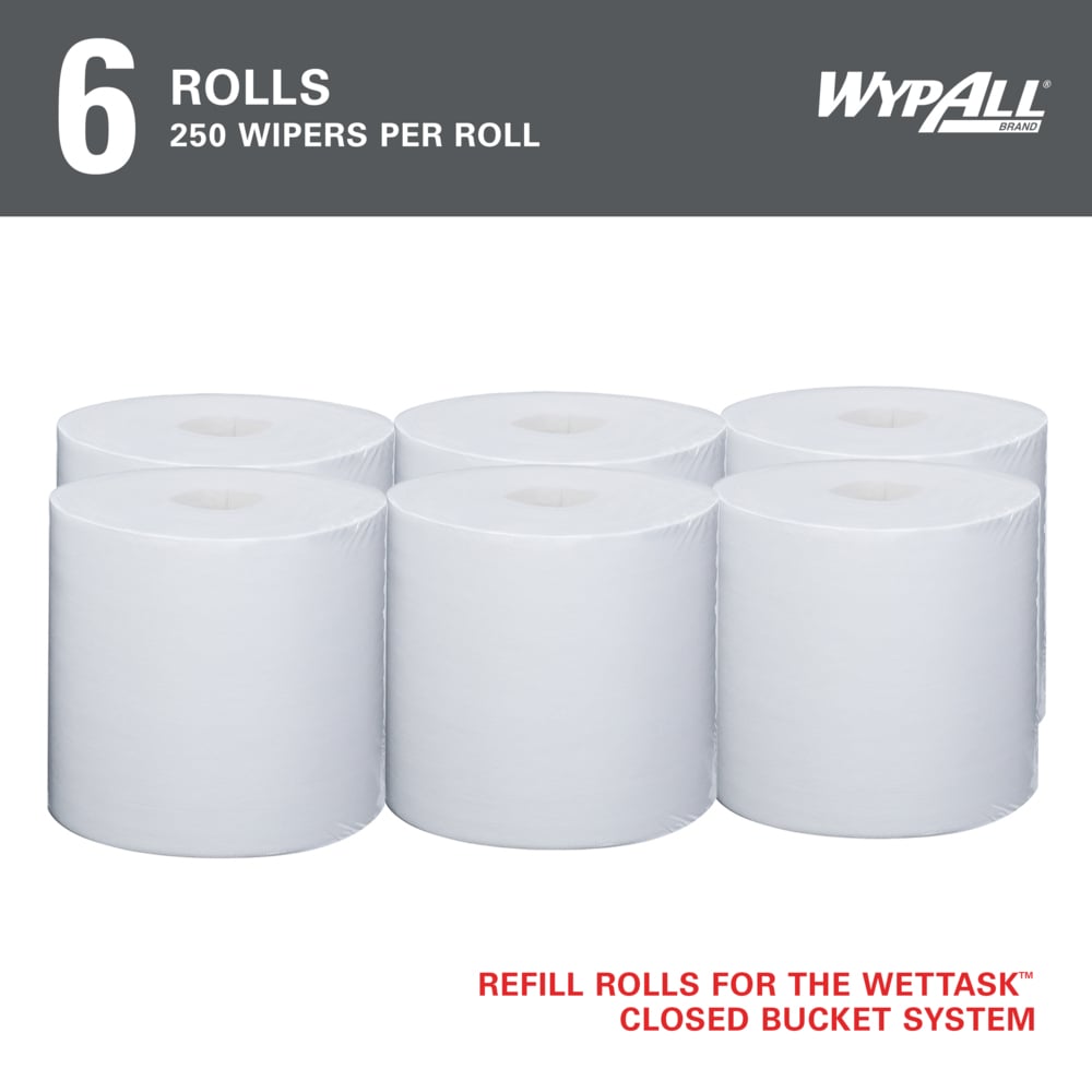 WypAll® PowerClean™ WetTask™ Wipers for Disinfectants, Sanitizers and Solvents (53850), Center-Pull Roll, White, Refill Only (250 Sheets/Roll, 6 Rolls/Case, 1,500 Sheets/Case) - 53850