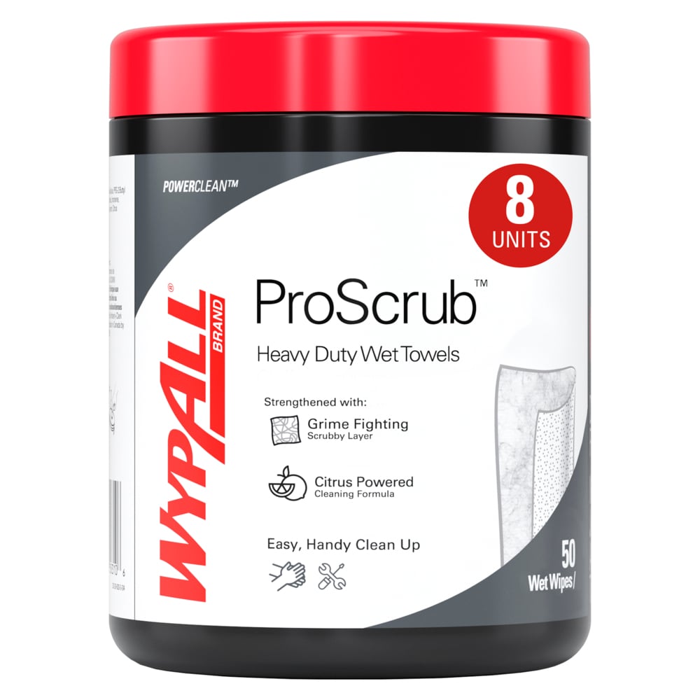 Chiffons humides d’atelier très résistants WypAll® PowerClean™ ProScrub™ (58310), nettoyage à double action, grands chiffons de 24,13 cm x 30,48 cm (9,5 po x 12 po), contenant inclus (50 feuilles/contenant, 8 contenants/caisse, 400 feuilles/caisse) - 58310
