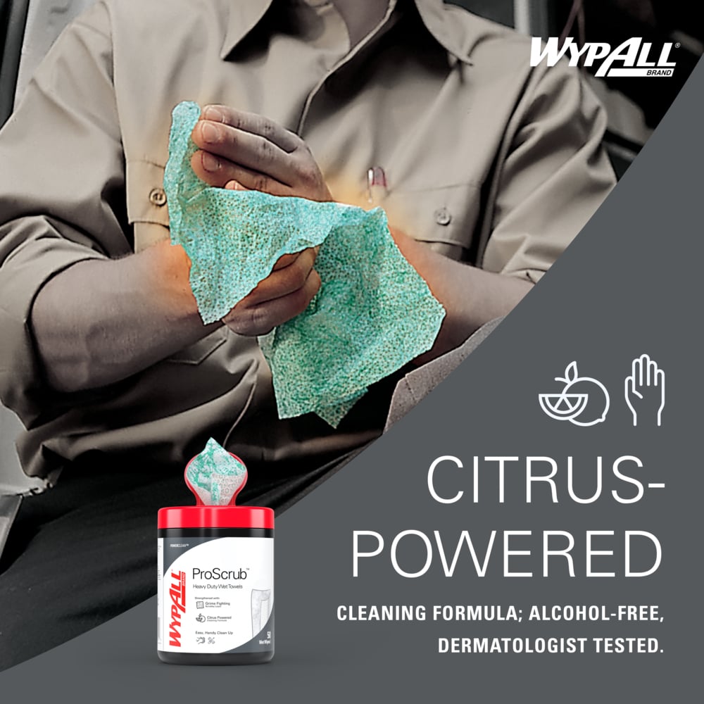 WypAll® PowerClean™ ProScrub™ Heavy Duty Wet Towels (58310), Dual Action Cleaning, Large 9.5" x 12" Wipes, Canister Included (50 Sheets/Canister, 8 Canisters/Case, 400 Sheets/Case) - 58310
