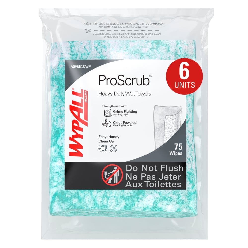 Chiffons humides d’atelier très résistants WypAll® PowerClean™ ProScrub™ (91367), nettoyage à double action, grands chiffons de 24,13 cm x 30,48 cm (9,5 po x 12 po), recharge uniquement (75 feuilles/paquet, 6 paquets/caisse, 450 feuilles/caisse) - 91367