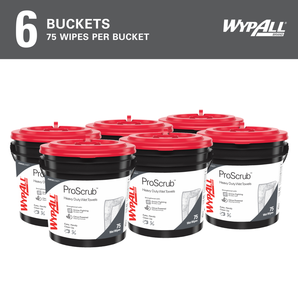 WypAll® PowerClean™ ProScrub™ Heavy Duty Wet Towels (91371), Dual Action Cleaning, Large 9.5" x 12" Wipes, Bucket Included (75 Sheets/Container, 6 Containers/Case, 450 Sheets/Case) - 91371