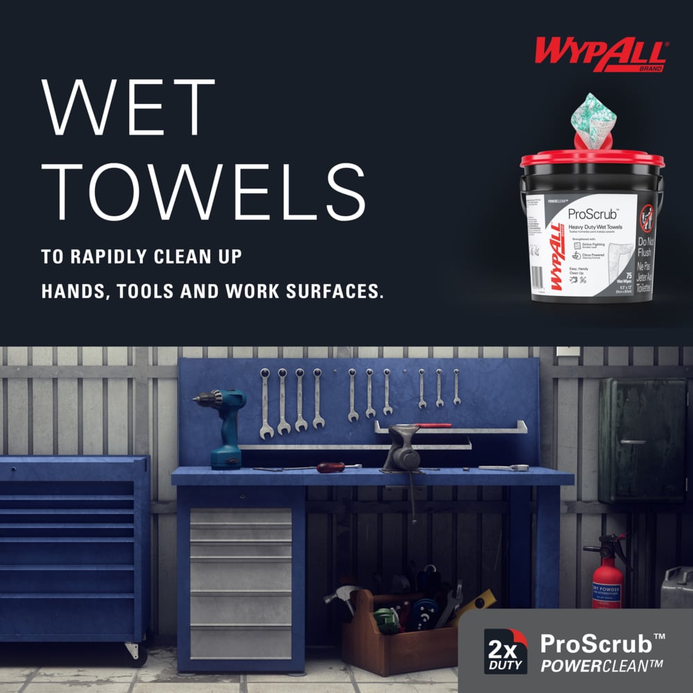 WypAll® PowerClean™ ProScrub™ Heavy Duty Wet Towels (91371), Dual Action Cleaning, Large 9.5" x 12" Wipes, Bucket Included (75 Sheets/Container, 6 Containers/Case, 450 Sheets/Case) - 91371