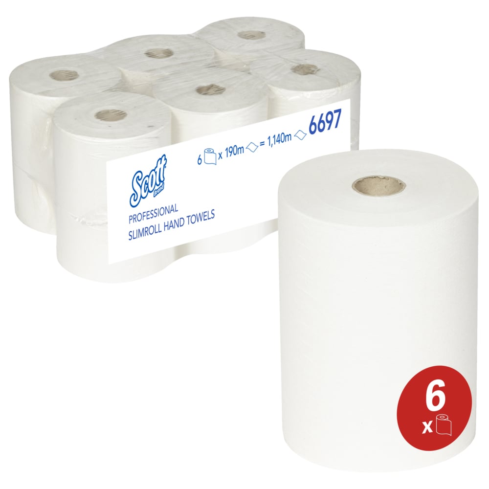 Asciugamani Scott® Slimroll™ 6697 - rotolo da 190 m, colore bianco, a 1 velo (la confezione contiene 6 rotoli) - 6697