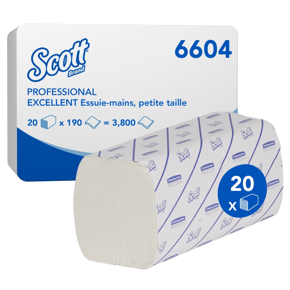 Essuie-mains enchevêtrés Scott® Excellent 6604 - 190 essuie-mains blancs 2 épaisseurs par paquet (20 paquets par boîte) - 6604