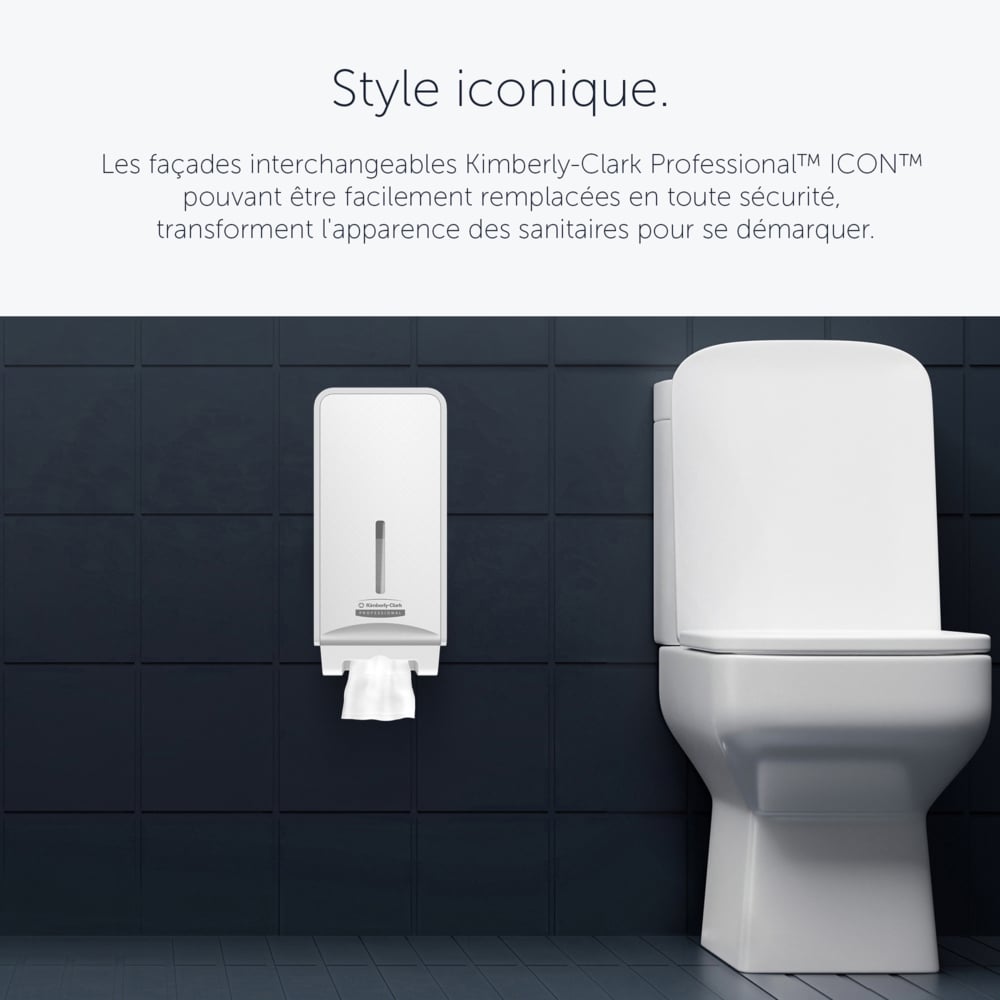 Distributeur de papier toilette plié Kimberly-Clark Professional™ ICON™ (53949), boîtier blanc avec façade Mosaïque Blanche ; 1 distributeur et façade par colis - 53949