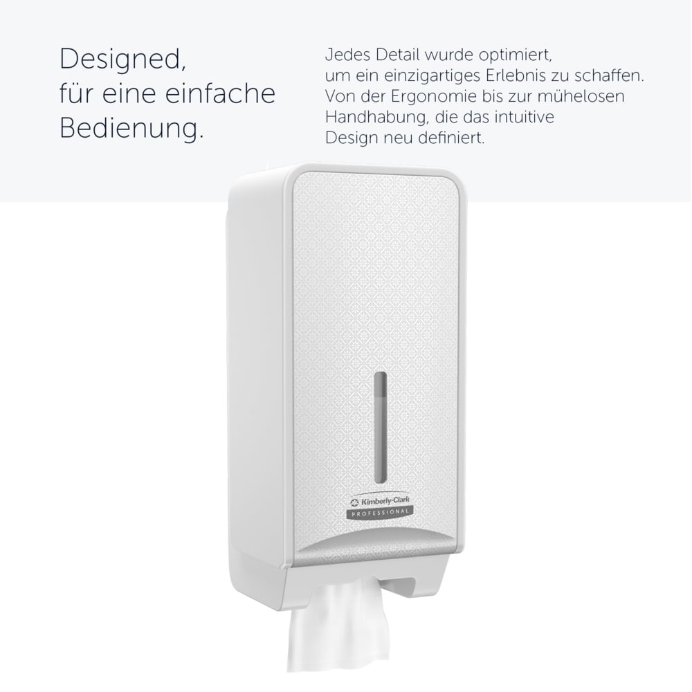 Distributeur de papier toilette plié Kimberly-Clark Professional™ ICON™ (53949), boîtier blanc avec façade Mosaïque Blanche ; 1 distributeur et façade par colis - 53949