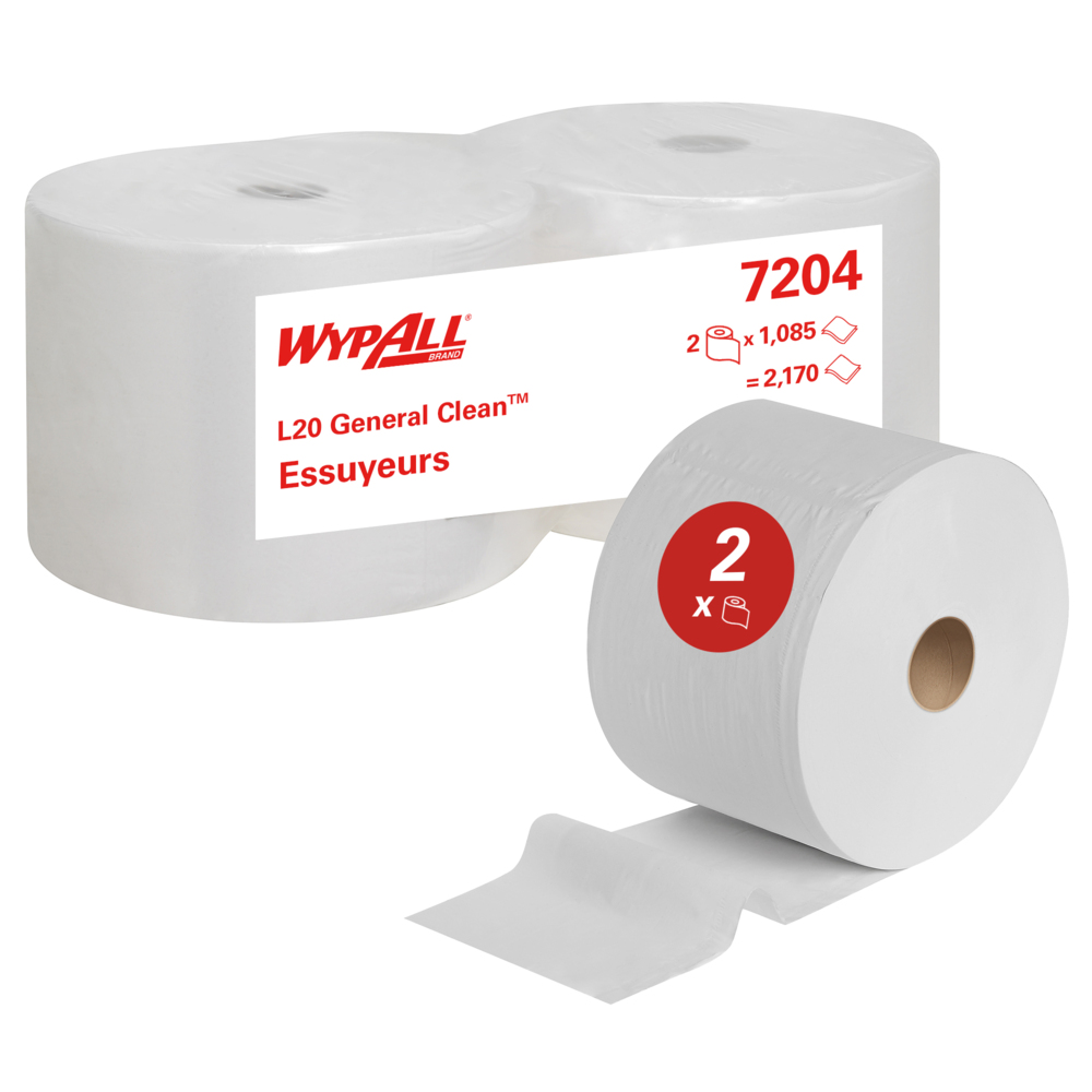 Paños WypAll® L20 General Clean™ 7204 - Paños de papel: 2 rollos grandes x 1085 paños de limpieza de 2 capas blancos (2170 en total) - 7204