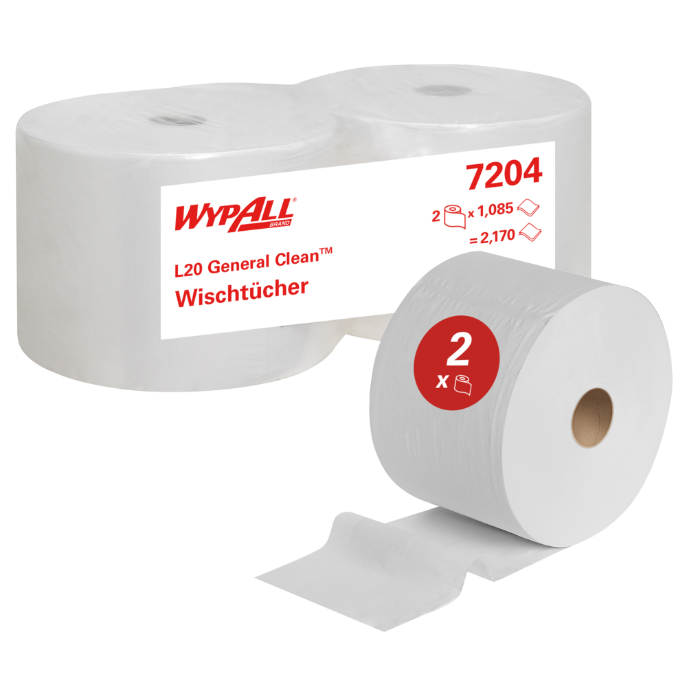 Paños WypAll® L20 General Clean™ 7204 - Paños de papel: 2 rollos grandes x 1085 paños de limpieza de 2 capas blancos (2170 en total) - 7204