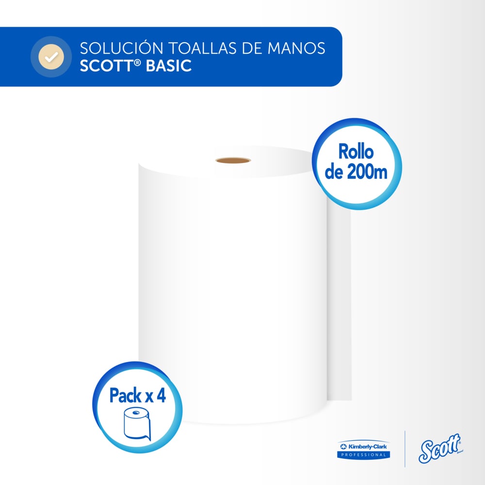 Scott® Basic Toalla de Manos Rollo Blanca 30242645 - 200m/Rollo, 4 rollo/caja (800m Total) - S061401898