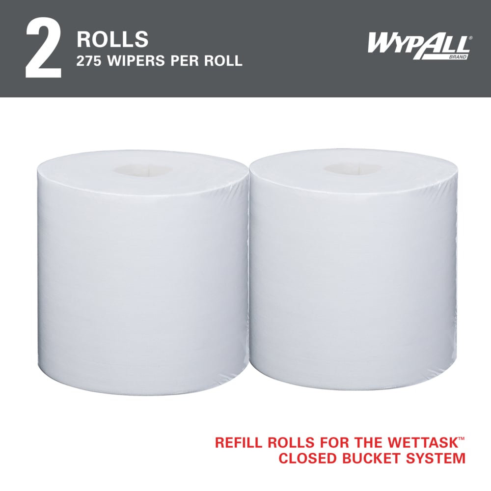 WypAll® PowerClean™ WetTask™ Wipers for Solvents System (06006), Center-Pull Roll, White, Refill Only (275 Sheets/Roll, 2 Rolls/Case, 550 Sheets/Case) - 06006