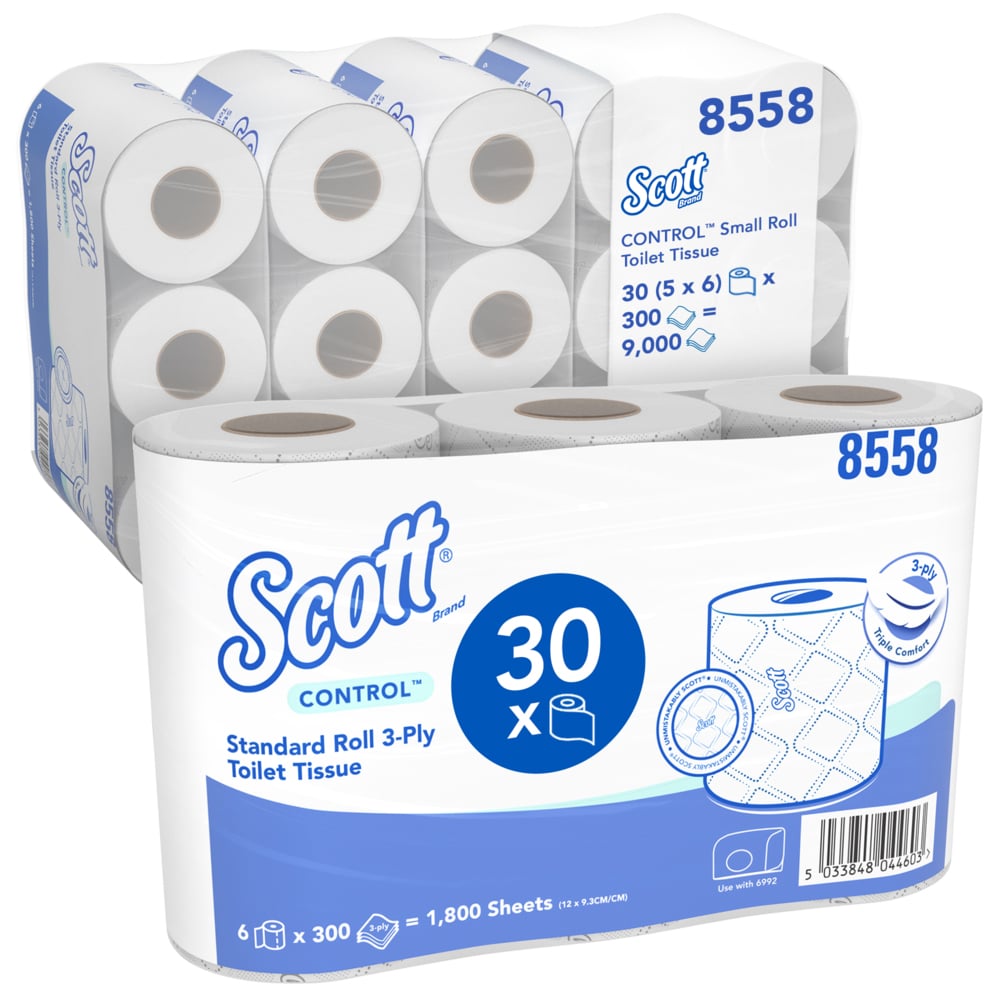 Scott® Control™ Small Roll Toilet Tissue 8558 - 3 Ply Toilet Rolls - 5 Packs of 6 Rolls x 300 Recycled Toilet Paper Sheets (30 Rolls / 9,000 White Sheets Total) - 8558