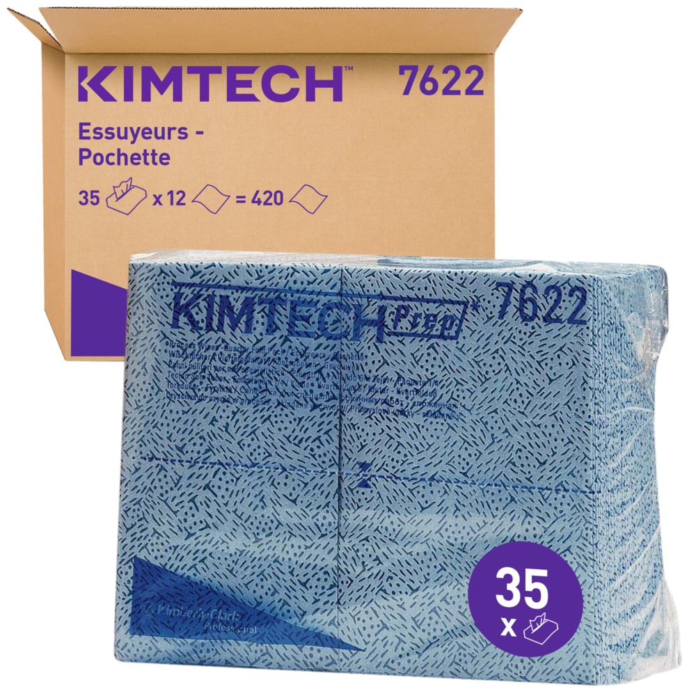 Essuyeurs Process Kimtech® 7622 - 35 formats bleus pliés en 4 par paquet (12 paquets par carton) - 7622