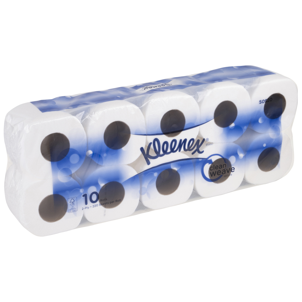 Kleenex® Standard Roll Toilet Tissue (50920), White 2-Ply, 12 Packs / Case, 10 Rolls per Pack, 220 Sheets / Roll (120 Rolls, 26,400 Sheets) - S056848032