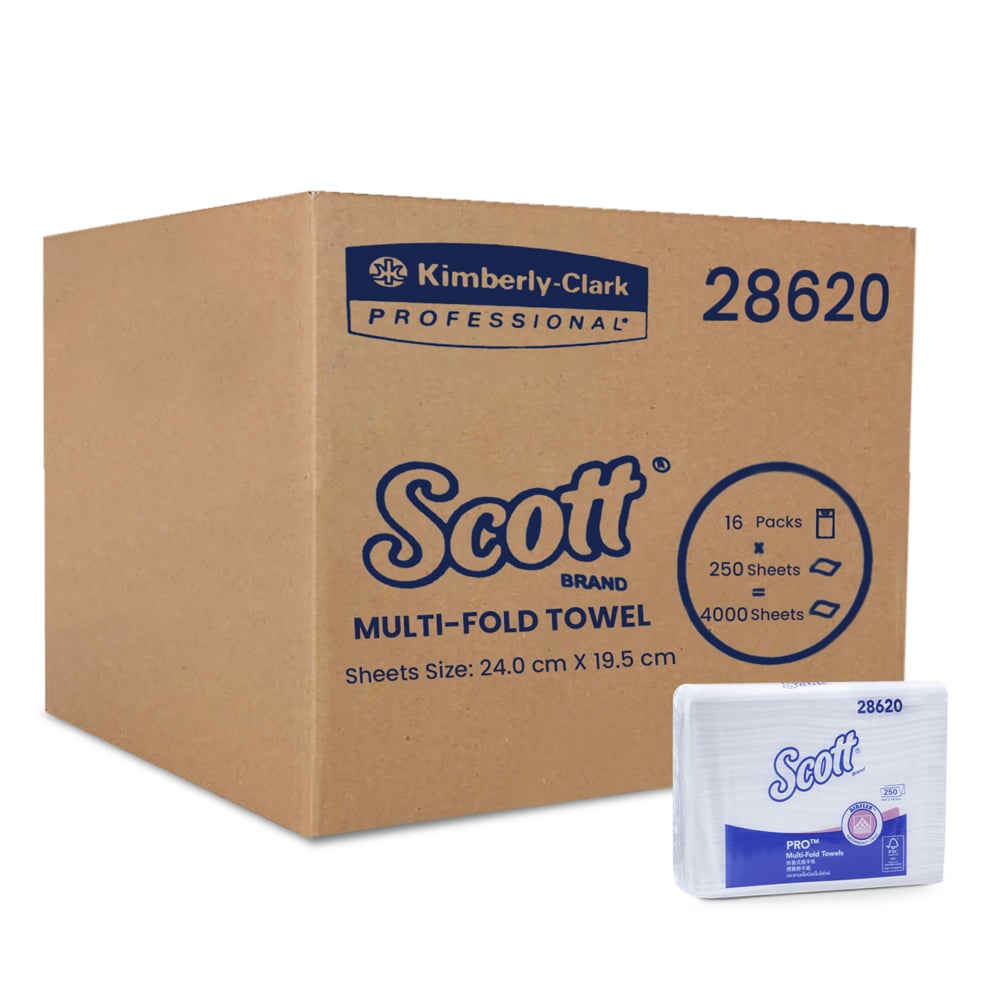 Scott® Multifold Paper Towels (28620), White 1-Ply, 16 Packs / Case, 250 Sheets / Pack (4,000 Sheets) - 28620