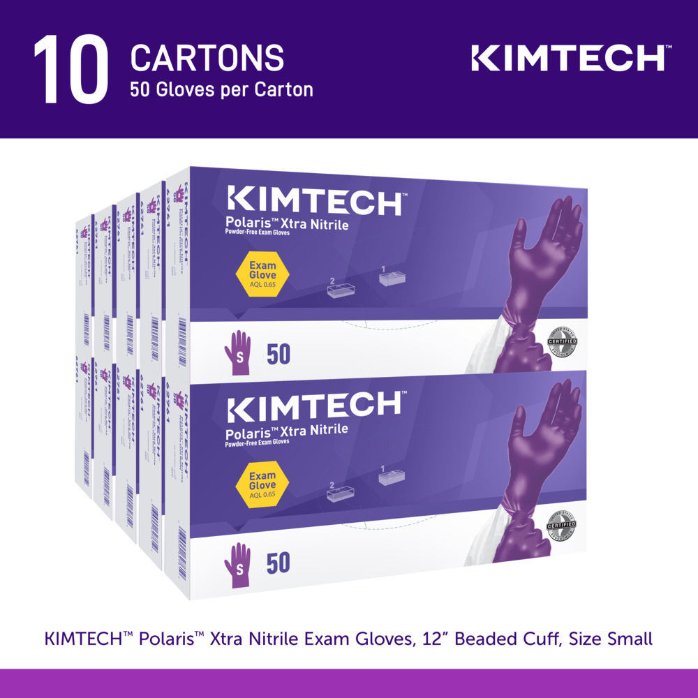 Kimtech™ Polaris™ Xtra Nitrile Exam Gloves (62761), 7.5 Mil, Ambidextrous, 12", S (50 Nitrile Gloves/Box, 10 Boxes/Case, 500 Gloves/Case) - 62761