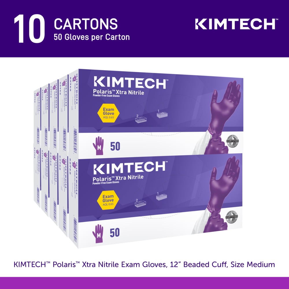 Kimtech™ Polaris™ Xtra Nitrile Exam Gloves (62762), 7.5 Mil, Ambidextrous, 12", M (50 Nitrile Gloves/Box, 10 Boxes/Case, 500 Gloves/Case) - 62762