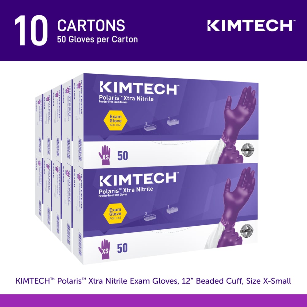 Kimtech™ Polaris™ Xtra Nitrile Exam Gloves (62760), 7.5 Mil, Ambidextrous, 12", XS (50 Nitrile Gloves/Box, 10 Boxes/Case, 500 Gloves/Case) - 62760